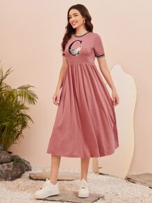 Mulvari 撞色滾邊字母和花卉圖案連衣裙 - 藕粉色 - 查看 3
