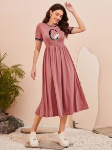 Mulvari 撞色滾邊字母和花卉圖案連衣裙 - 藕粉色 - 查看 4