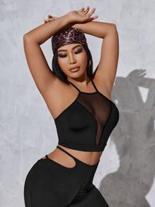 SHEIN SXY Summer  Contrast Mesh Criss Cross Back Cami Top - Black - View 4