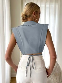 Sollinarry Áo sơ mi nữ Buộc lại Trọn gói màu trơn Thanh lịch - Màu xanh bụi bặm - Xem 2