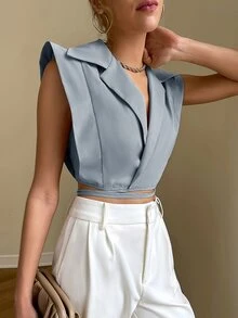 Sollinarry Áo sơ mi nữ Buộc lại Trọn gói màu trơn Thanh lịch - Màu xanh bụi bặm - Xem 4