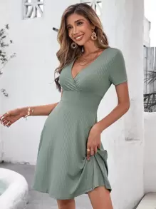 SHEIN Clasi Solid Surplice Neck Dress - Mint Green - View 1