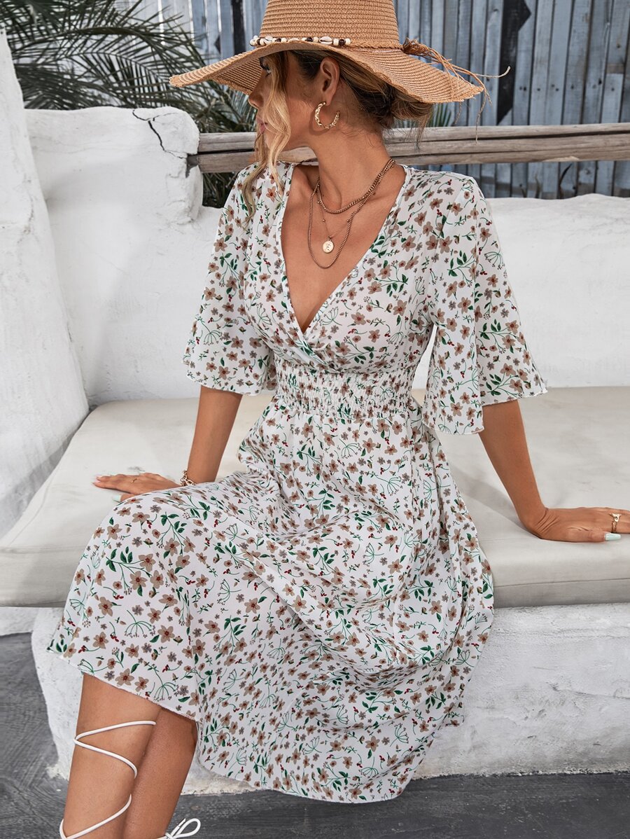 SHEIN VCAY Allover Floral Print Shirred High Waist Wrap Detail A Line Dress - White - View 1