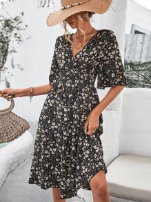 SHEIN VCAY Women Dresses Membungkus Shirred Bunga All Over Print Boho - MultiWarna - View 1