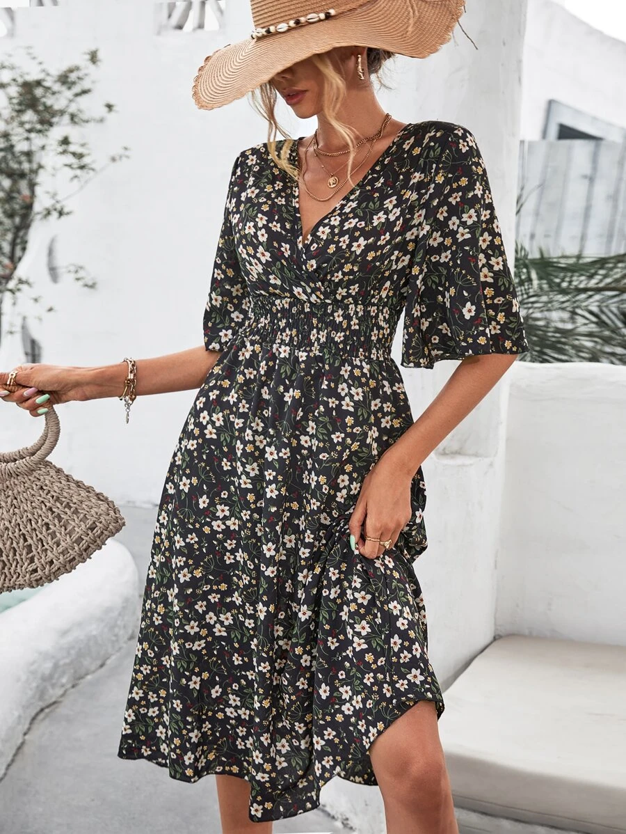 SHEIN VCAY Women Dresses Membungkus Shirred Bunga All Over Print Boho - MultiWarna - View 1