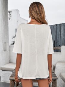 SHEIN Frenchy Camiseta unicolor de manga murciélago escote V - Blanco - Ver 2