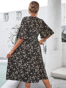 SHEIN VCAY Women Dresses Membungkus Shirred Bunga All Over Print Boho - MultiWarna - View 2