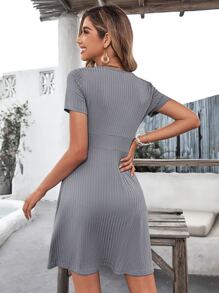 SHEIN Clasi Solid Surplice Neck Dress - Grey - View 2