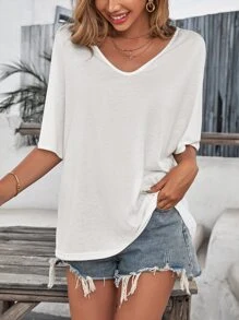 SHEIN Frenchy Camiseta unicolor de manga murciélago escote V - Blanco - Ver 4