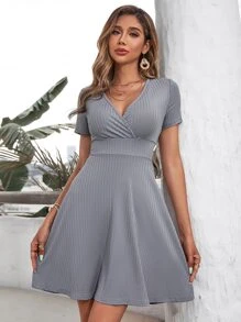 SHEIN Clasi Solid Surplice Neck Dress - Grey - View 4