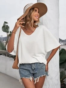 SHEIN Frenchy Camiseta unicolor de manga murciélago escote V - Blanco - Ver 5