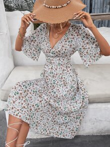 SHEIN VCAY Allover Floral Print Shirred High Waist Wrap Detail A Line Dress - White - View 3