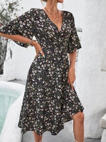 SHEIN VCAY Women Dresses Membungkus Shirred Bunga All Over Print Boho - MultiWarna - View 3