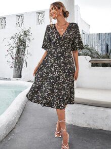SHEIN VCAY Women Dresses Membungkus Shirred Bunga All Over Print Boho - MultiWarna - View 4