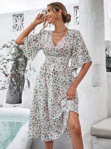 SHEIN VCAY Allover Floral Print Shirred High Waist Wrap Detail A Line Dress - White - View 4