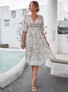 SHEIN VCAY Allover Floral Print Shirred High Waist Wrap Detail A Line Dress - White - View 5