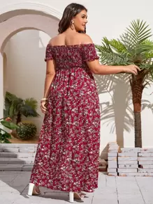 SHEIN Holidaya Plus Ditsy Floral Shirred Dress - Burgundy - View 2