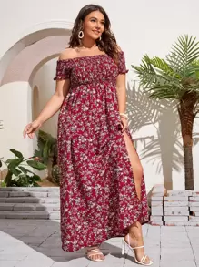 SHEIN Holidaya Plus Ditsy Floral Shirred Dress - Burgundy - View 3