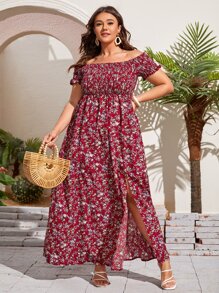 SHEIN Holidaya Plus Ditsy Floral Shirred Dress - Burgundy - View 4