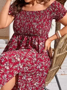 SHEIN Holidaya Plus Ditsy Floral Shirred Dress - Burgundy - View 5