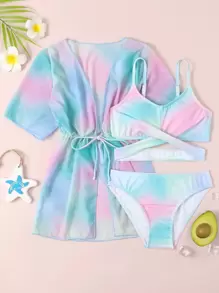 Tween Girl 3 件装渐变色束腰比基尼套装夏季海滩 - 彩色 - 查看 1