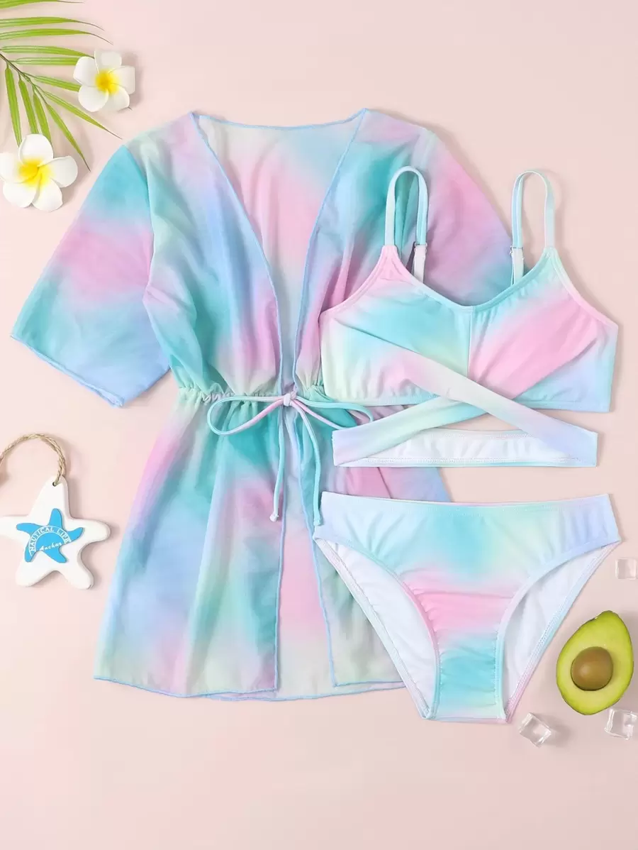 Tween Girl 3 件装渐变色束腰比基尼套装夏季海滩 - 彩色 - 查看 1