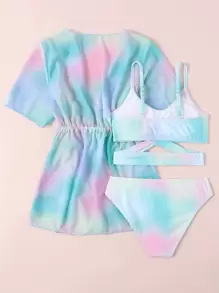 Tween Girl 3 件装渐变色束腰比基尼套装夏季海滩 - 彩色 - 查看 2