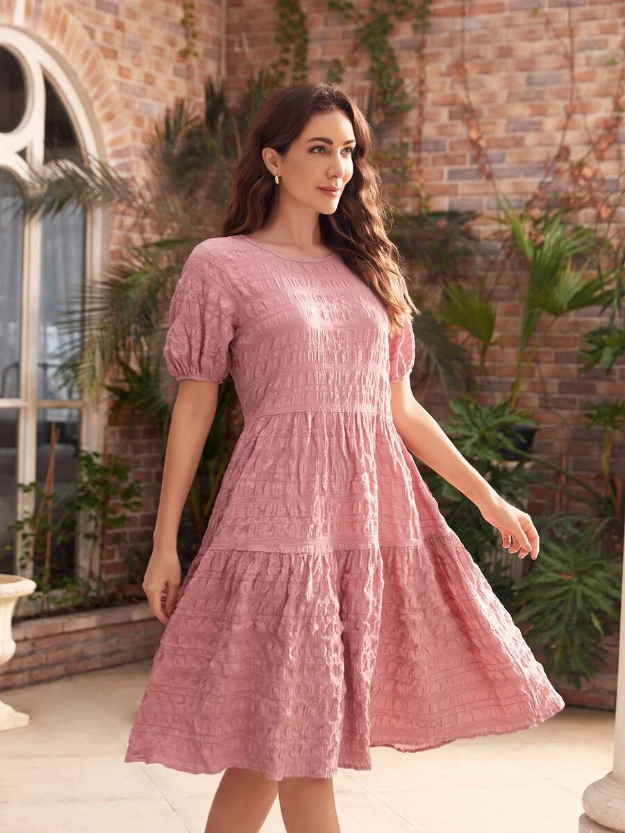 SHEIN Vestido con textura de manga farol bajo con fruncido - Rosa vieja - Ver 1