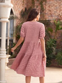 SHEIN Vestido con textura de manga farol bajo con fruncido - Rosa vieja - Ver 2
