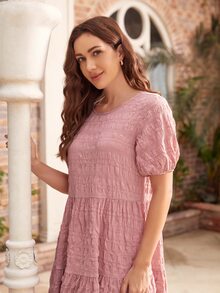 SHEIN Vestido con textura de manga farol bajo con fruncido - Rosa vieja - Ver 3