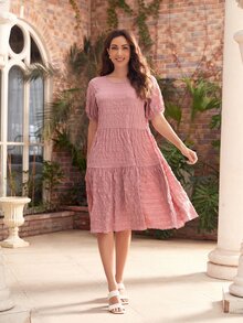 SHEIN Vestido con textura de manga farol bajo con fruncido - Rosa vieja - Ver 4