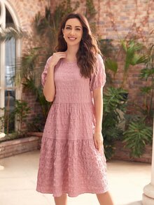SHEIN Vestido con textura de manga farol bajo con fruncido - Rosa vieja - Ver 5
