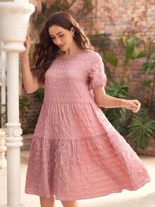 SHEIN Vestido con textura de manga farol bajo con fruncido - Rosa vieja - Ver 6