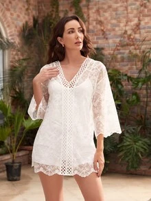 SHEIN 薄透貝殼邊蕾絲罩衫不附帶吊帶洋裝 - 白色 - 查看 2