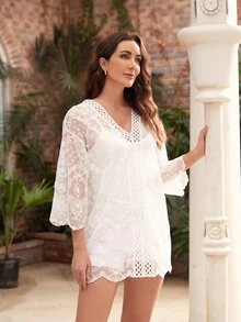 SHEIN 薄透貝殼邊蕾絲罩衫不附帶吊帶洋裝 - 白色 - 查看 4