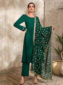 Divindia Contrast Trim Tunic Top & Trousers & Khari Dupatta - Dark Green - View 1
