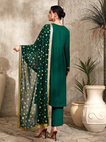 Divindia Contrast Trim Tunic Top & Trousers & Khari Dupatta - Dark Green - View 2