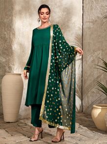 Divindia Contrast Trim Tunic Top & Trousers & Khari Dupatta - Dark Green - View 3