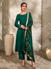 Divindia Contrast Trim Tunic Top & Trousers & Khari Dupatta - Dark Green - View 4