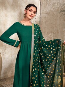 Divindia Contrast Trim Tunic Top & Trousers & Khari Dupatta - Dark Green - View 5