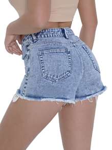 Shorts en mezclilla con encaje en contraste con diseño de desgarro - Lavado ligero - Ver 2