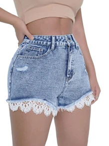 Shorts en mezclilla con encaje en contraste con diseño de desgarro - Lavado ligero - Ver 4