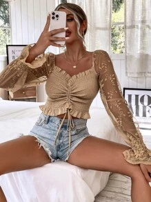 SHEIN VCAY Top de hombros descubiertos con bordado de malla de manga con cordón con fruncido - Albaricoque - Ver 5