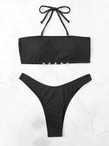 O-Ring Detail Halter Bikini Set, For Summer Beach Vacation - Black - View 6