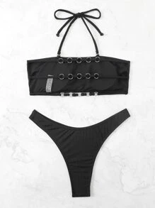 O-Ring Detail Halter Bikini Set, For Summer Beach Vacation - Black - View 7