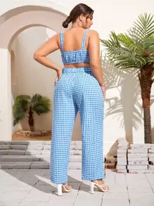 SHEIN Unity Plus Gingham Cami Top & Split Hem Trousers - Blue and White - View 2