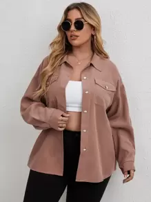 SHEIN LUNE 大碼落肩翻蓋口袋燈芯絨夾克 - 藕粉色 - 查看 4