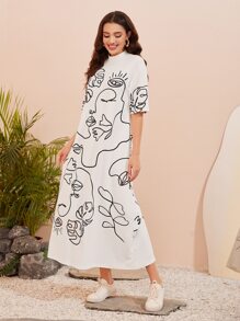 Seusyu Figure Graphic Mock Neck Dress - White - View 1