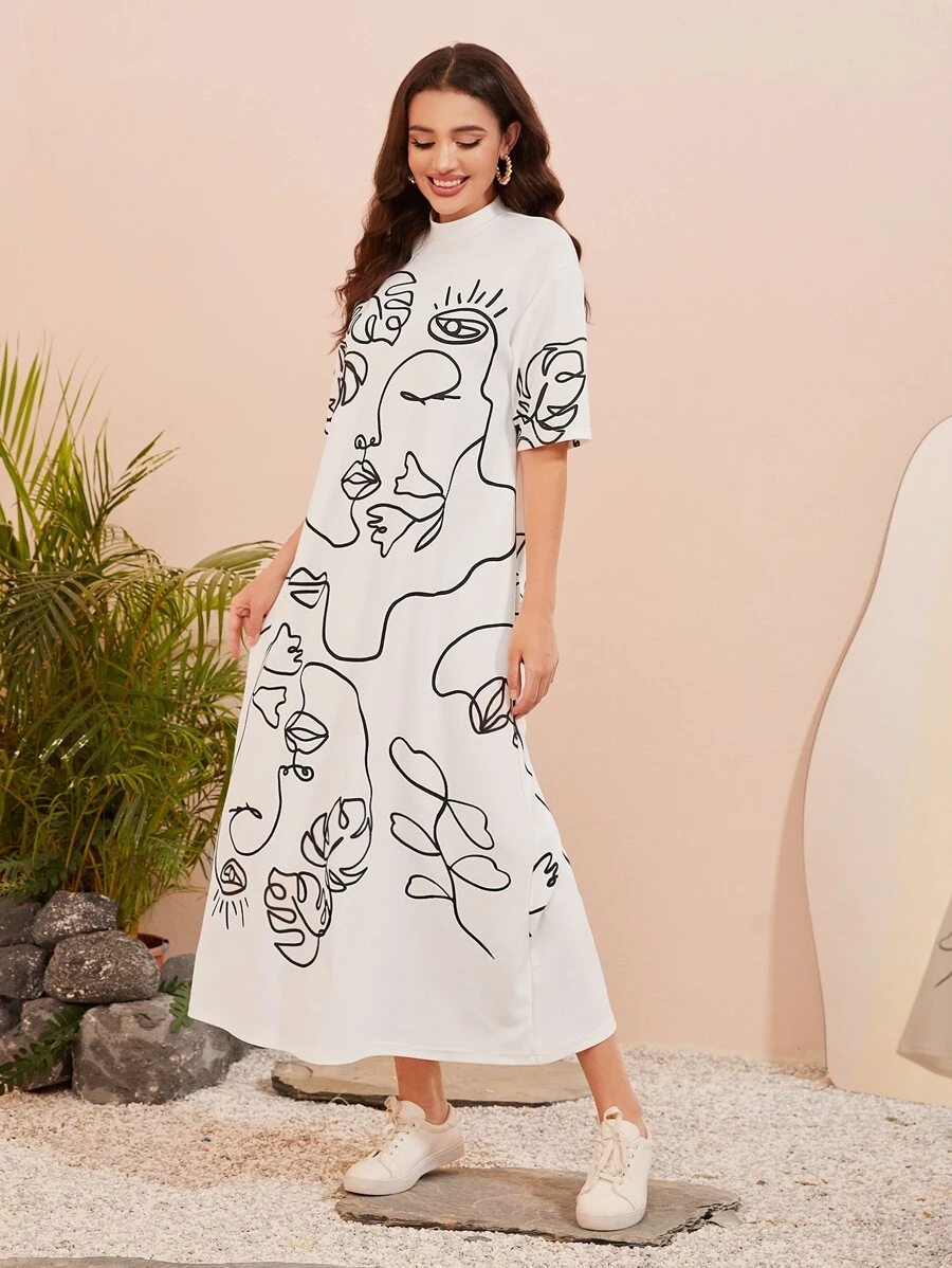 Seusyu Figure Graphic Mock Neck Dress - White - View 1