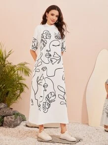 Seusyu Figure Graphic Mock Neck Dress - White - View 3